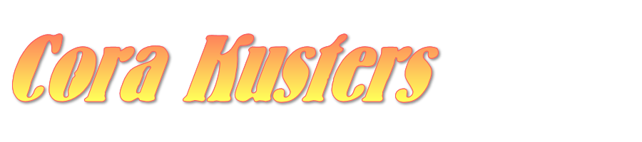 Gekleurde tekst “Cora Kustlers” op een zwarte achtergrond, met vet, afgerond lettertype en schaduw.