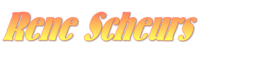 Rode tekst “Rene Schreurs” op zwarte achtergrond, gestileerd lettertype met sierlijke krullen.
